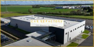 Car Refactory's dedicated vehicle refurbishment facility with branded signage in strategic French location