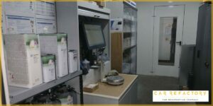 Paint formulation station for precise color matching in vehicle refurbishment process at Car Refactory