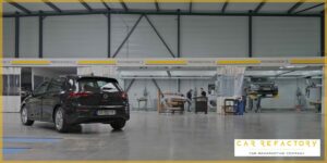 Multiple vehicle refurbishment preparation stations with organized workflow system at Car Refactory workshop