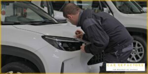 Car Refactory technician inspecting headlight details during comprehensive vehicle refurbishment process