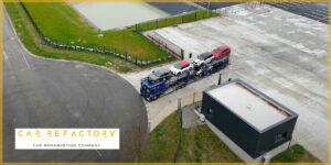Car carrier delivering vehicles to Car Refactory's vehicle refurbishment facility in Caudry, France
