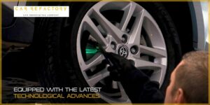 Technician using laser measurement technology during vehicle wheel inspection at Car Refactory