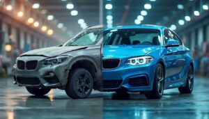 Before and after comparison of vehicle refurbishment showing a worn fleet vehicle transforming into a professionally reconditioned car inside an industrial-grade facility, illustrating how leasing companies maximize value through strategic reconditioning processes.