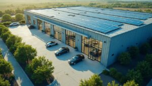 Modern eco-friendly vehicle refurbishment facility with sustainable features. Include solar panels on roof, water recycling system, and energy-efficient design. Clean industrial architecture with blue and green accents. Professional corporate photography style showing both exterior and some interior elements.